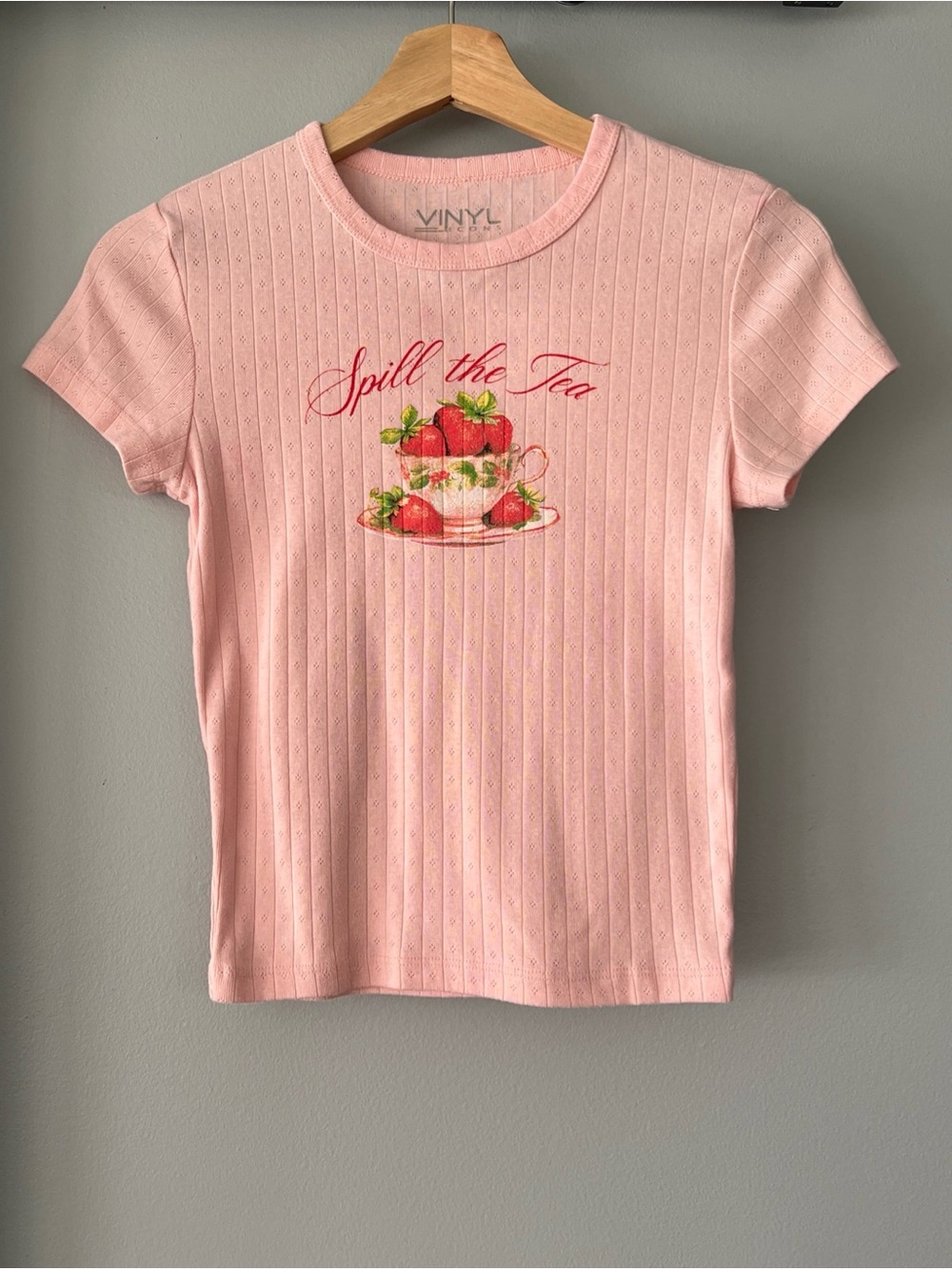 Vinyl Icons Women's ‘Spill The Tea’ Strawberries Graphic Pink Ribbed Baby Tee